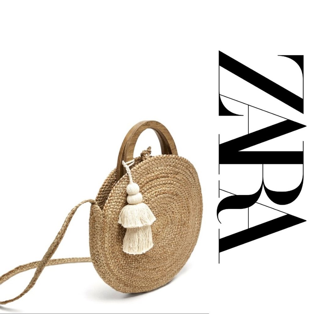 Zara Raffia Round Straw Basket Bag with Tassel